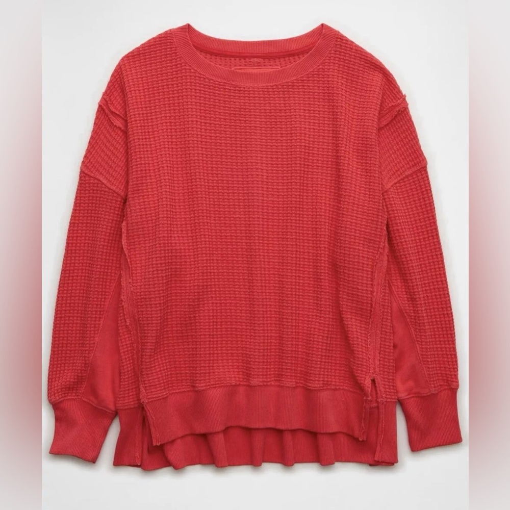 American Eagle Women’s Oversized Big Hug Waffle Crew Neck Sweatshirt Red M